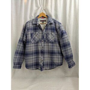 AmericaWare Men's XL sherpa lined flannel, snap closure, gray and blue plaid